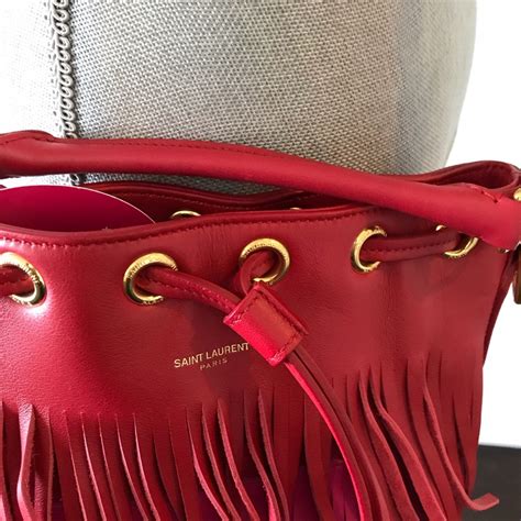 Saint Laurent Emmanuelle Small Fringe Bucket Bag, Red